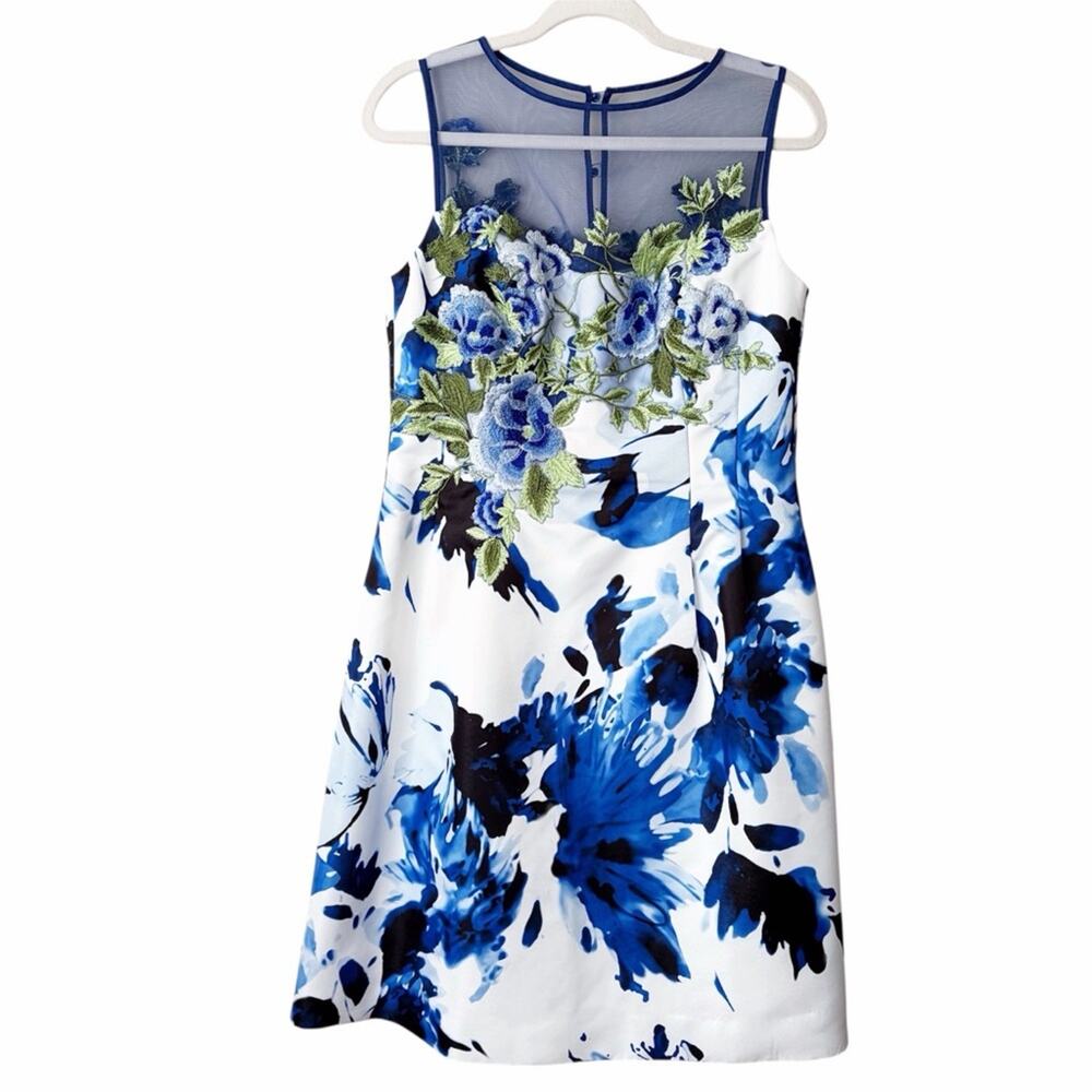 Rickie Freeman for Teri Jon | Floral Embroidered A-line Dress Blue Green Size 4